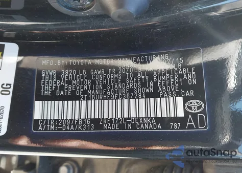 2015 Toyota Corolla Le z USA, uszkodzony, nr VIN 2T1BURHE9FC367284